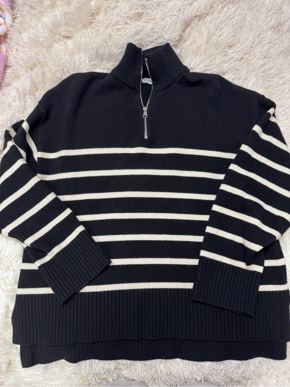 Zara Quarter Zip Knit Sweater - Black/Cream, Women’s Large